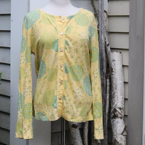 Icantoo Nantucket Yellow w Blue Green Floral Cotton Button Cardigan Sz LARGE - Picture 2 of 7